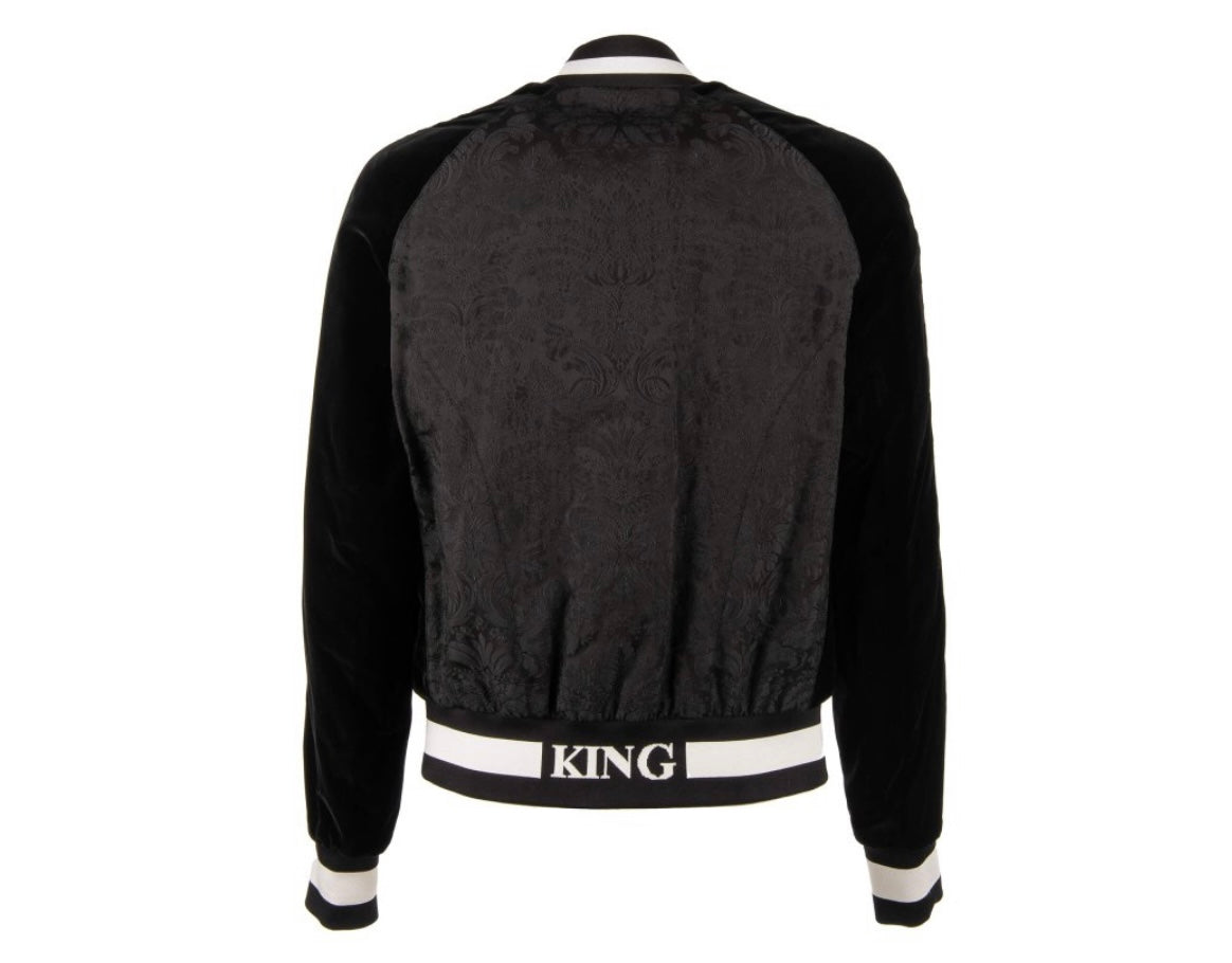 DOLCE & GABBANA KIDS - Velvet and Brocade Varsity Jacket with Embroidered Logo Black