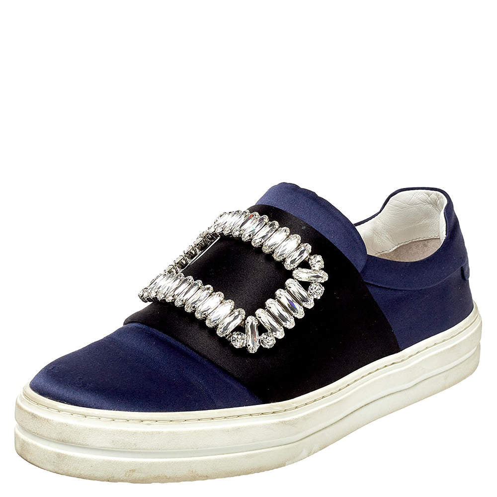 ROGER VIVER navy blue/black satin slip on sneakers with embellishment