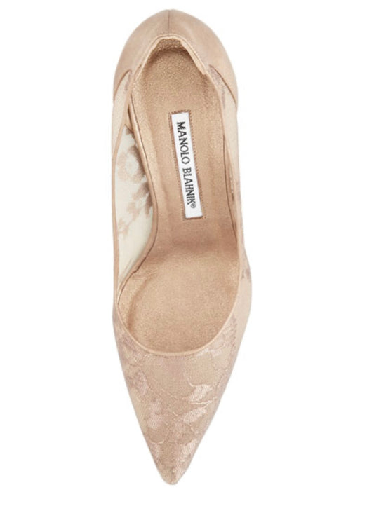 Manolo Blahnik
BB Metallic Lace Pointed-Toe Pump, Nude/Gold