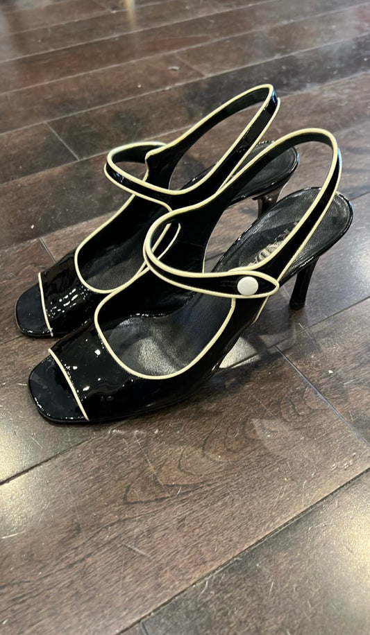 Pre-Loved Prada- Black Patent Leather with white trim peep toe heels