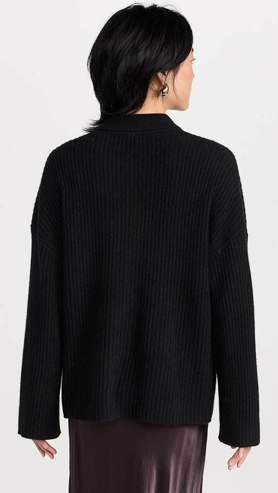 Reformation Black Ribble Knit Cashmere Button Front Cardigan with Collar