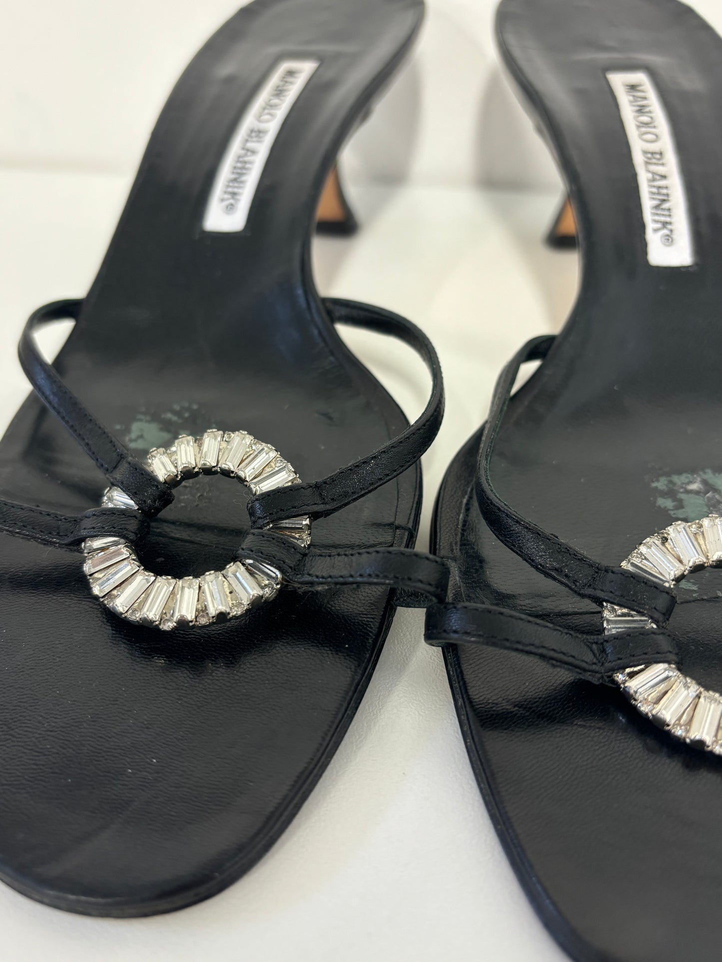 MANOLO BLAHNIK black kitten heel sandal with crystal