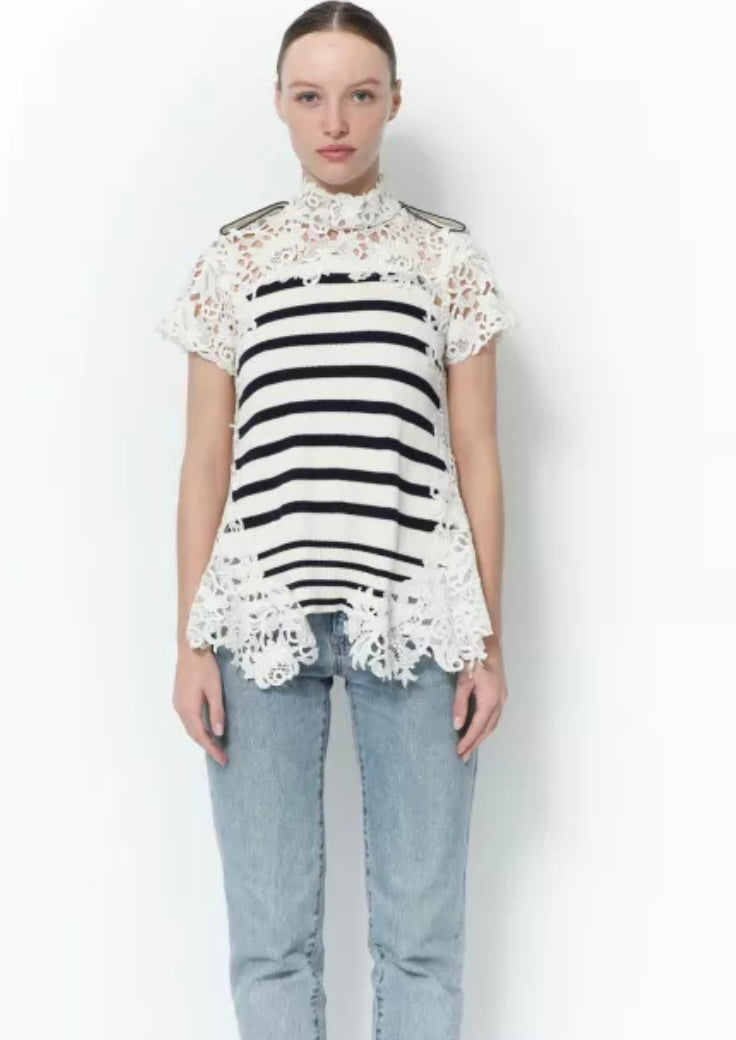 Sacai - Striped And Lace Knit Top