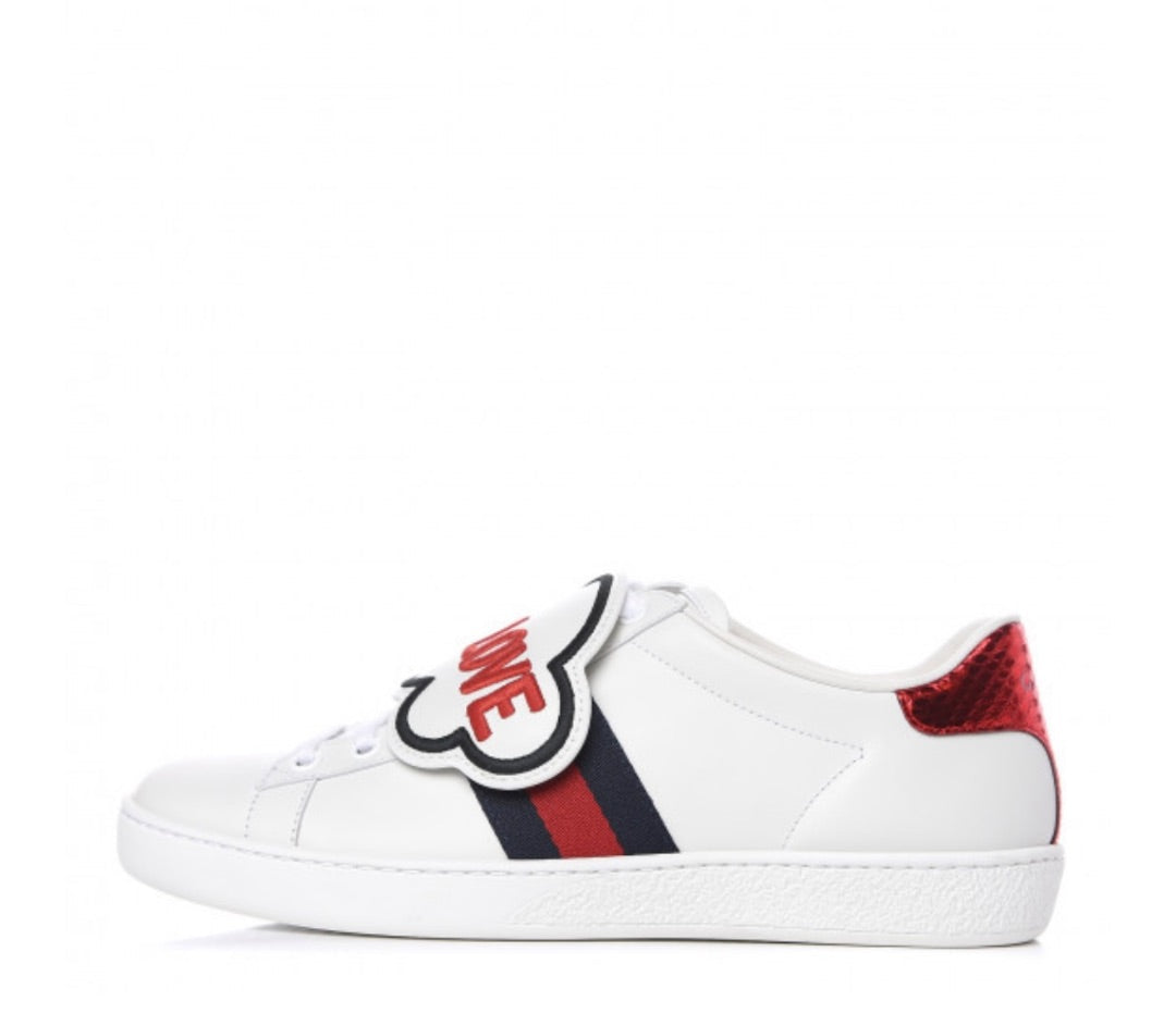 GUCCI white sneaker with BLIND FOR LOVE in red writing on top, w dust bags and box