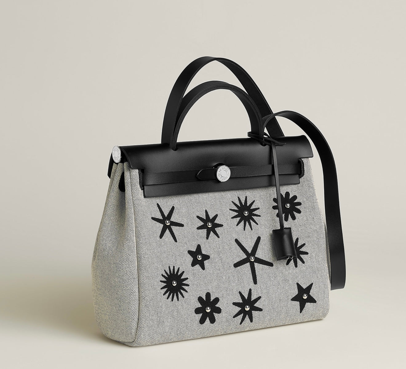Hermès Herbag Zip 31 PM Hobnailed Black and Ecru Printed H Plume Canvas and Vache Hunter Palladium Hardware