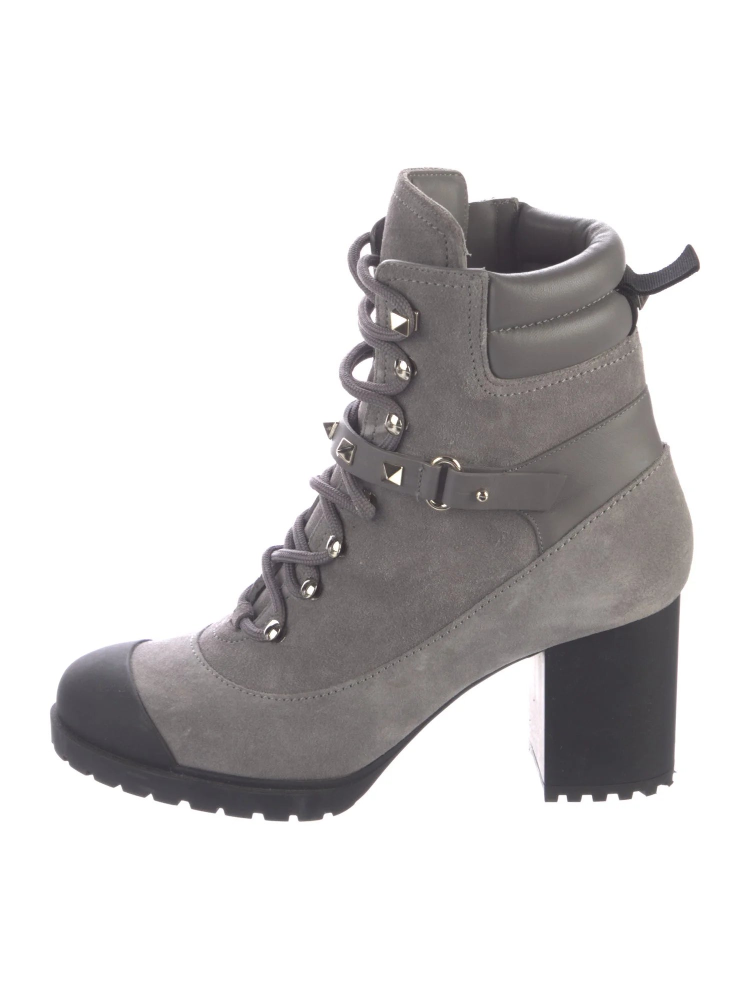 VALENTINO grey suede lace up heeled boots with silver rockstuds