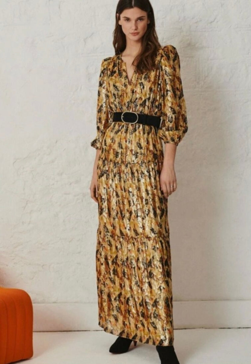 BA&SH Gullian Robe Maxi Dress Long Sleeve Gold Metallic Print
