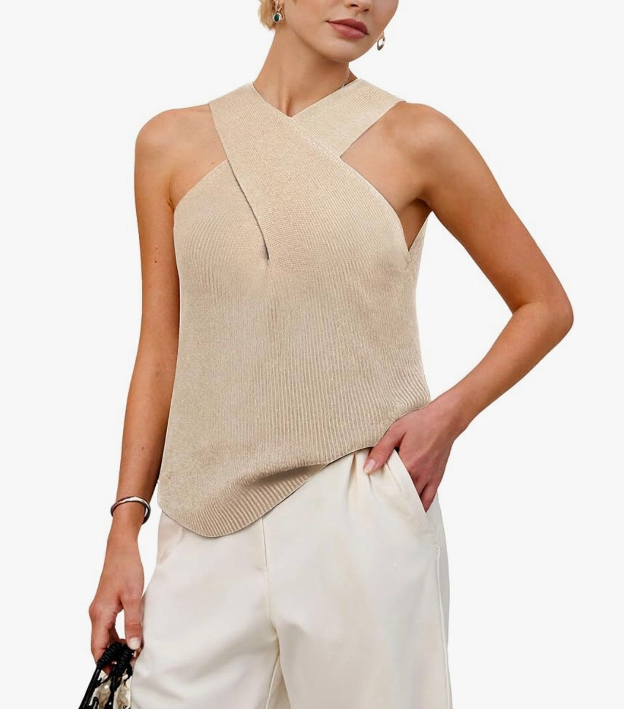 COMMENSE Halter Cross-Over Collar Tank Top