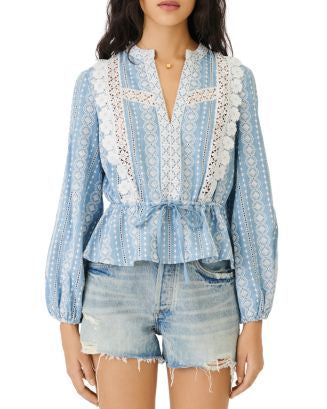 MAJE blue long sleeve blouse with white lace