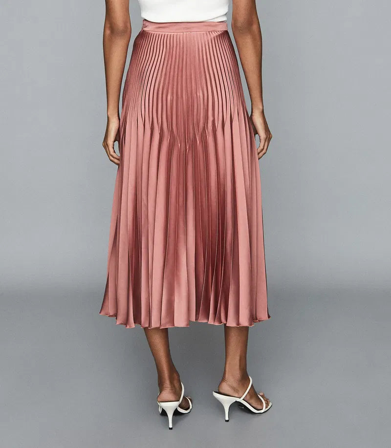 REISS coral pleated satin maxi skirt