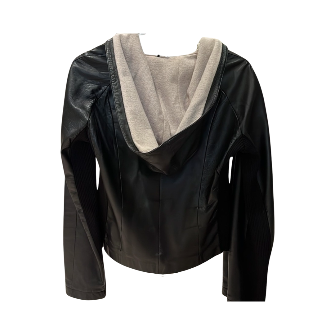 Essendi - Black Leather Jacket with Oat Wool Hood/Lining