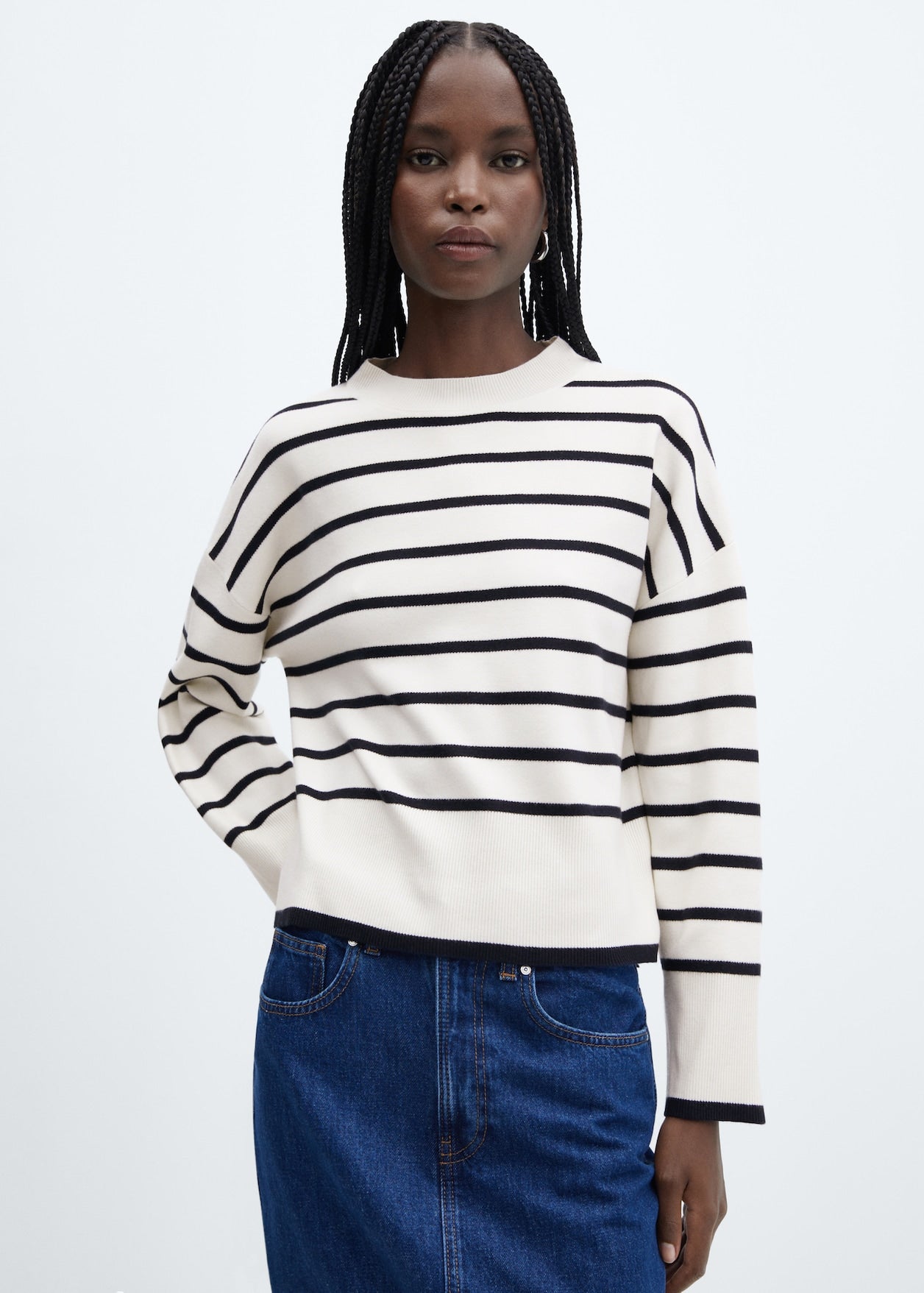 MANGO ivory/navy stripe crewneck sweater