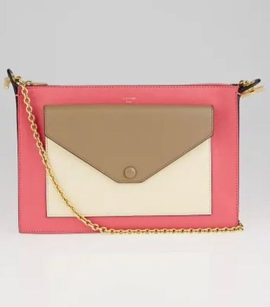 CELINE
Rose Dust Smooth Calfskin Leather Pocket Chain Medium Clutch Bag