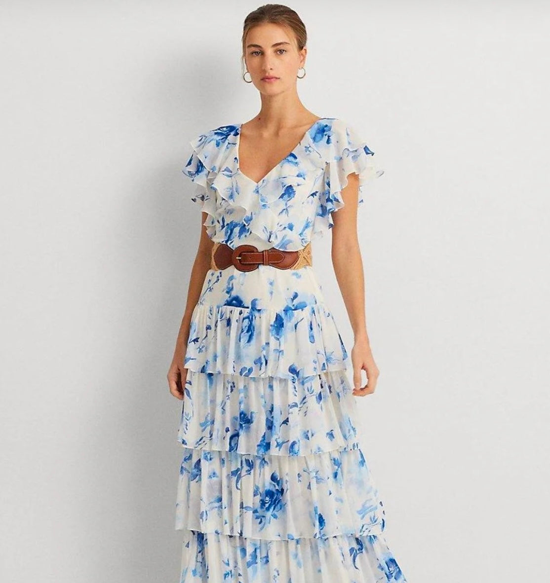 Ralph Lauren
Women's Blue Ralph Lauren Floral Belted Georgette Tiered Gown