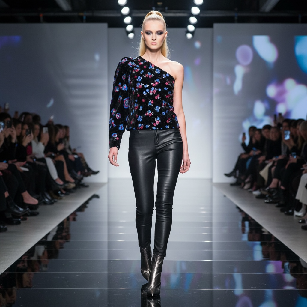 SABINA MUSAYEV black velvet one sleeve top with pink/blue sequin flowers