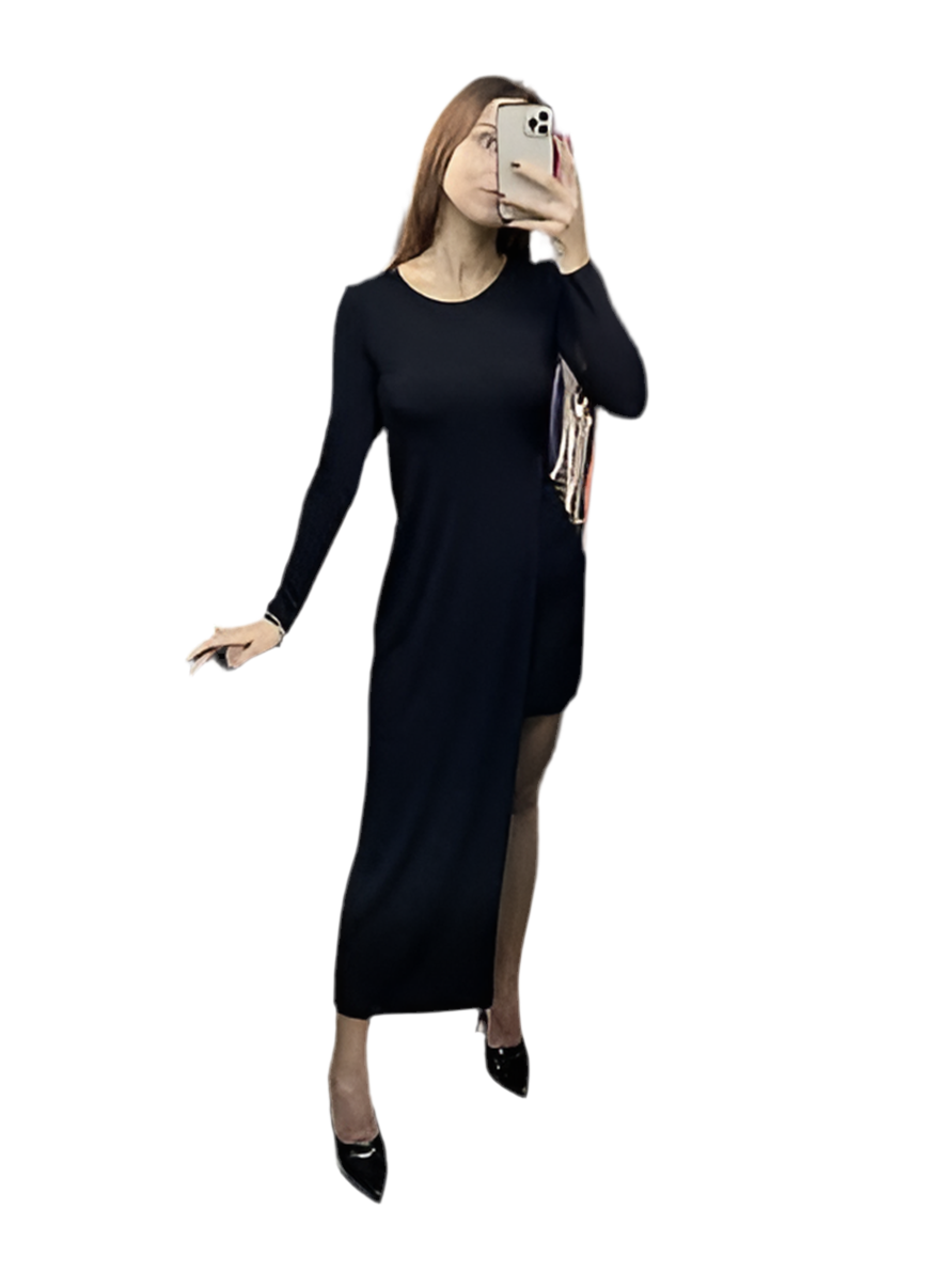 ZARA black long sleeve long dress, asymmetric hem, velvet gathering