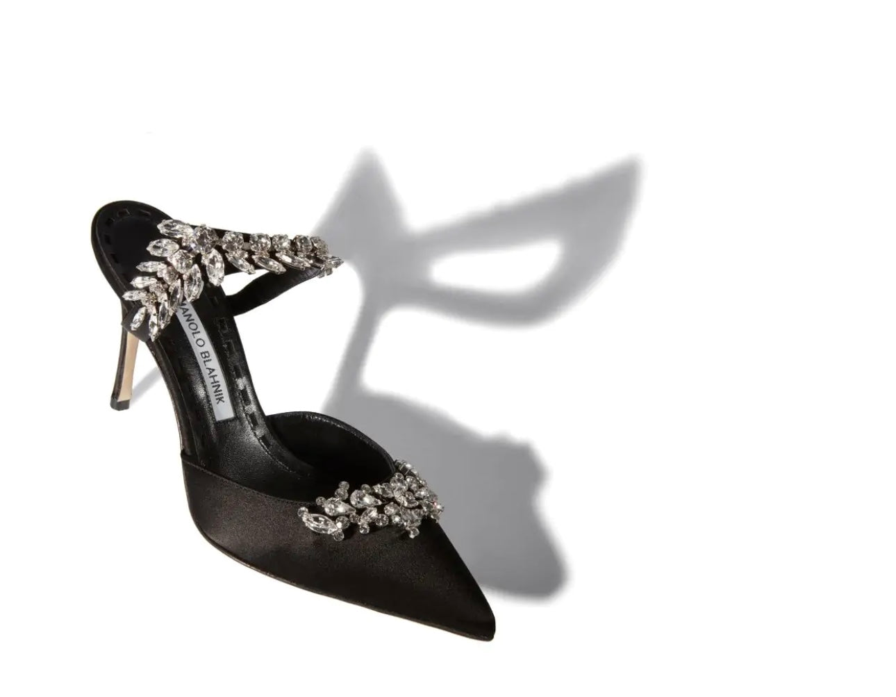 MANOLO BLAHNIK - LURUM Black Satin Crystal Embellished Mules