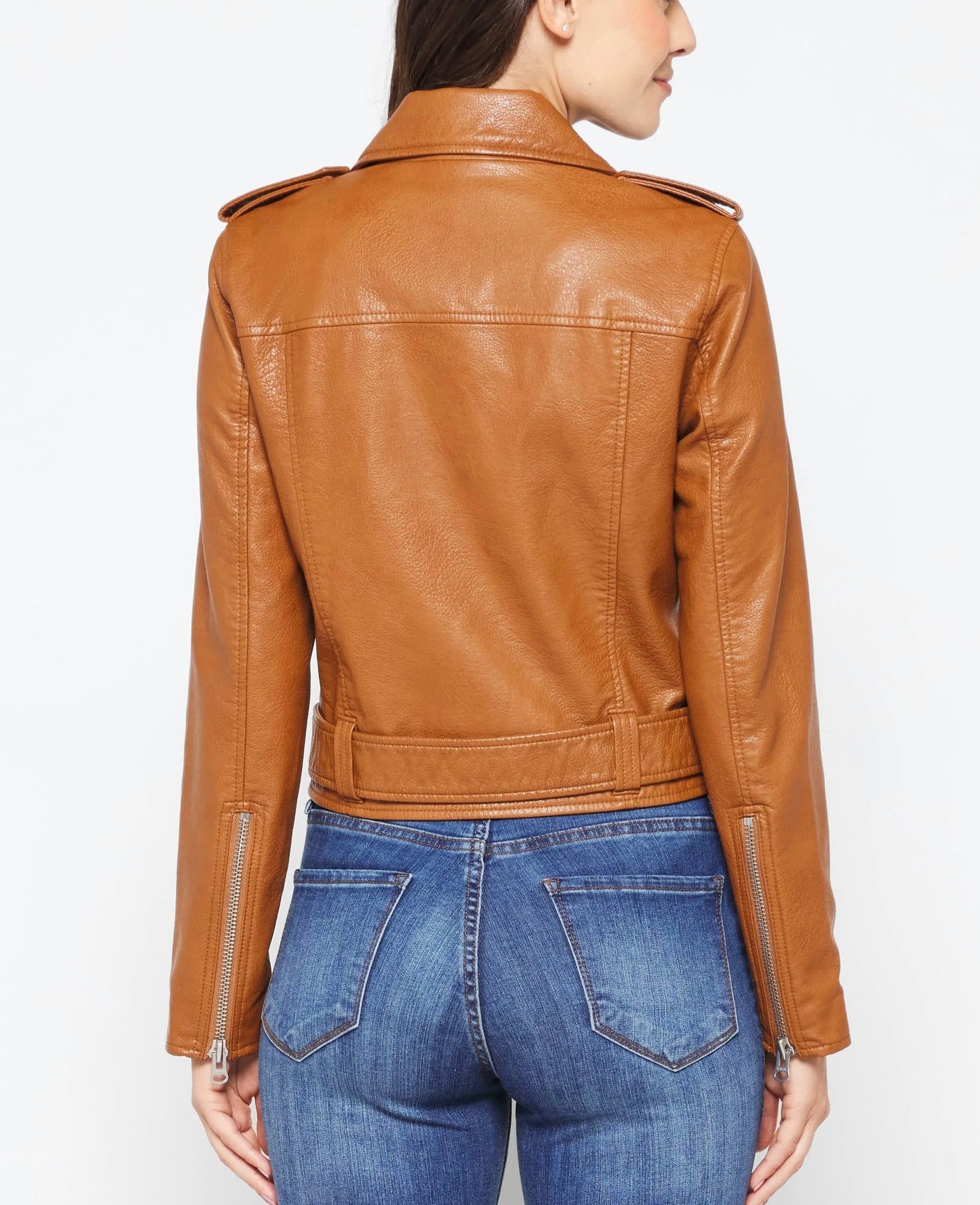 PISTOLA camel brown faux leather jacket with belt
