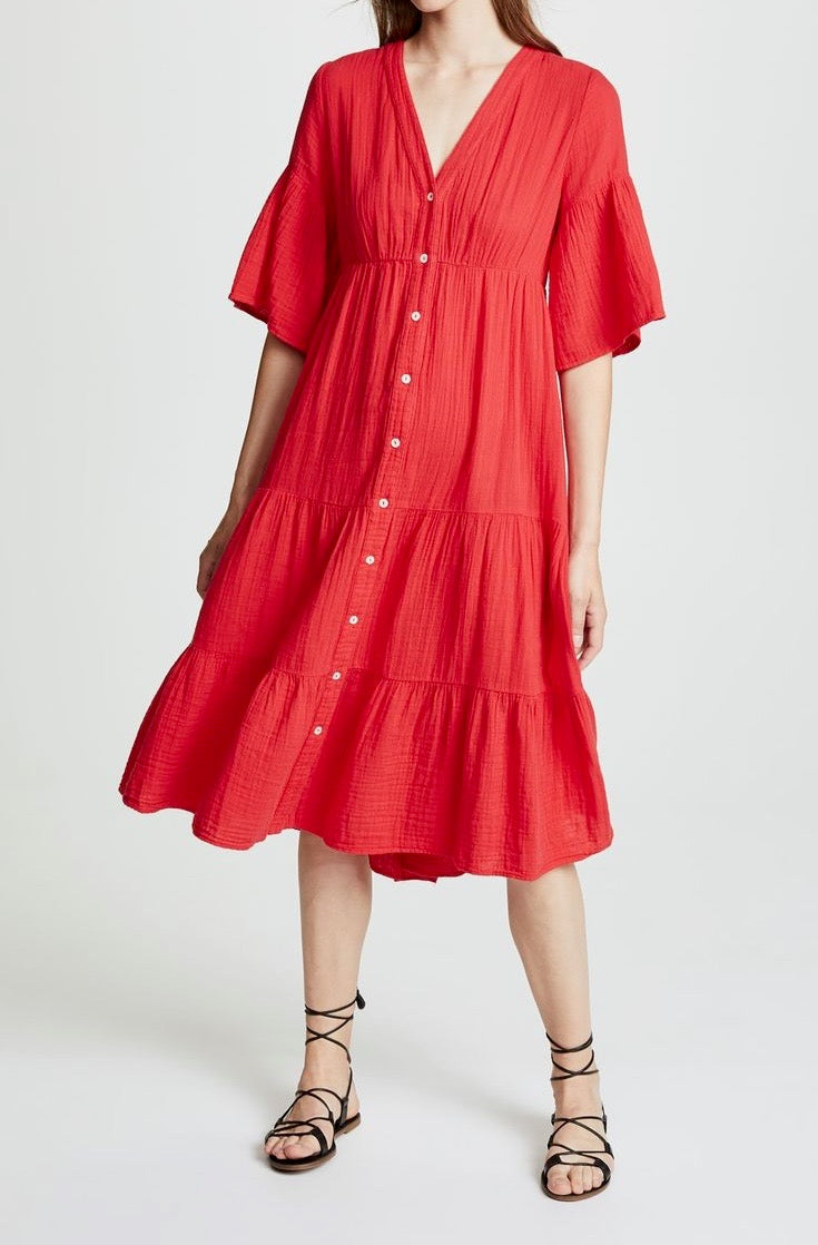 XIRENA red short sleeve button up gauze midi dress