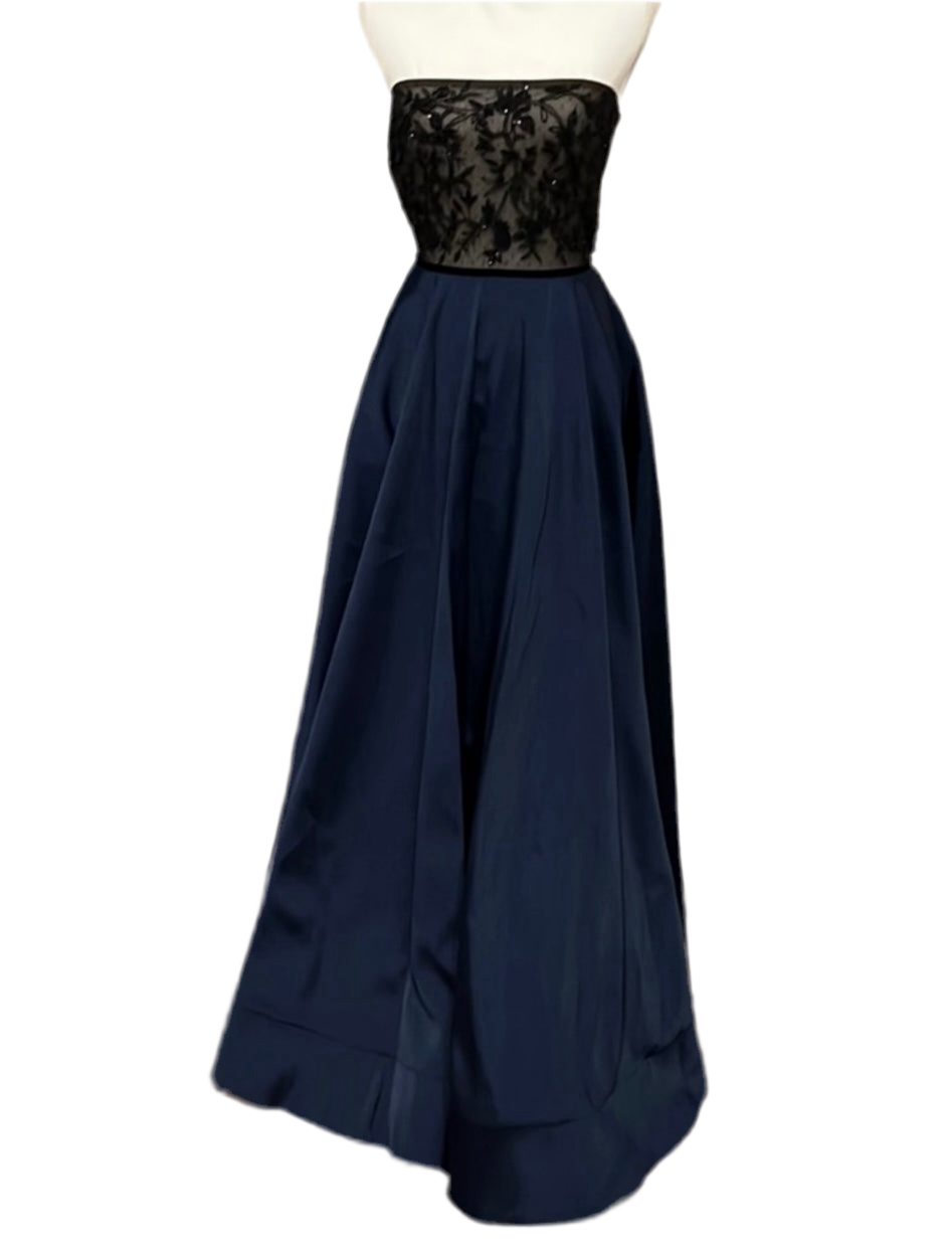 SACHIN & BABI Navy Strapless Gown with Black Beaded Lace bustier, 4