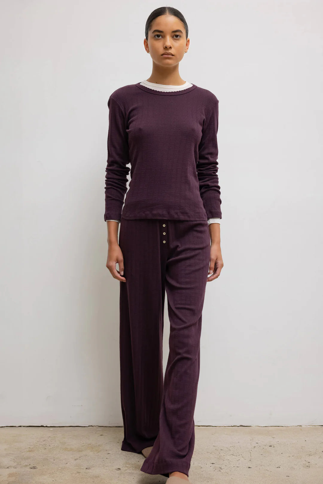 LESET purple pointelle long sleeve and sweatpants with white buttons