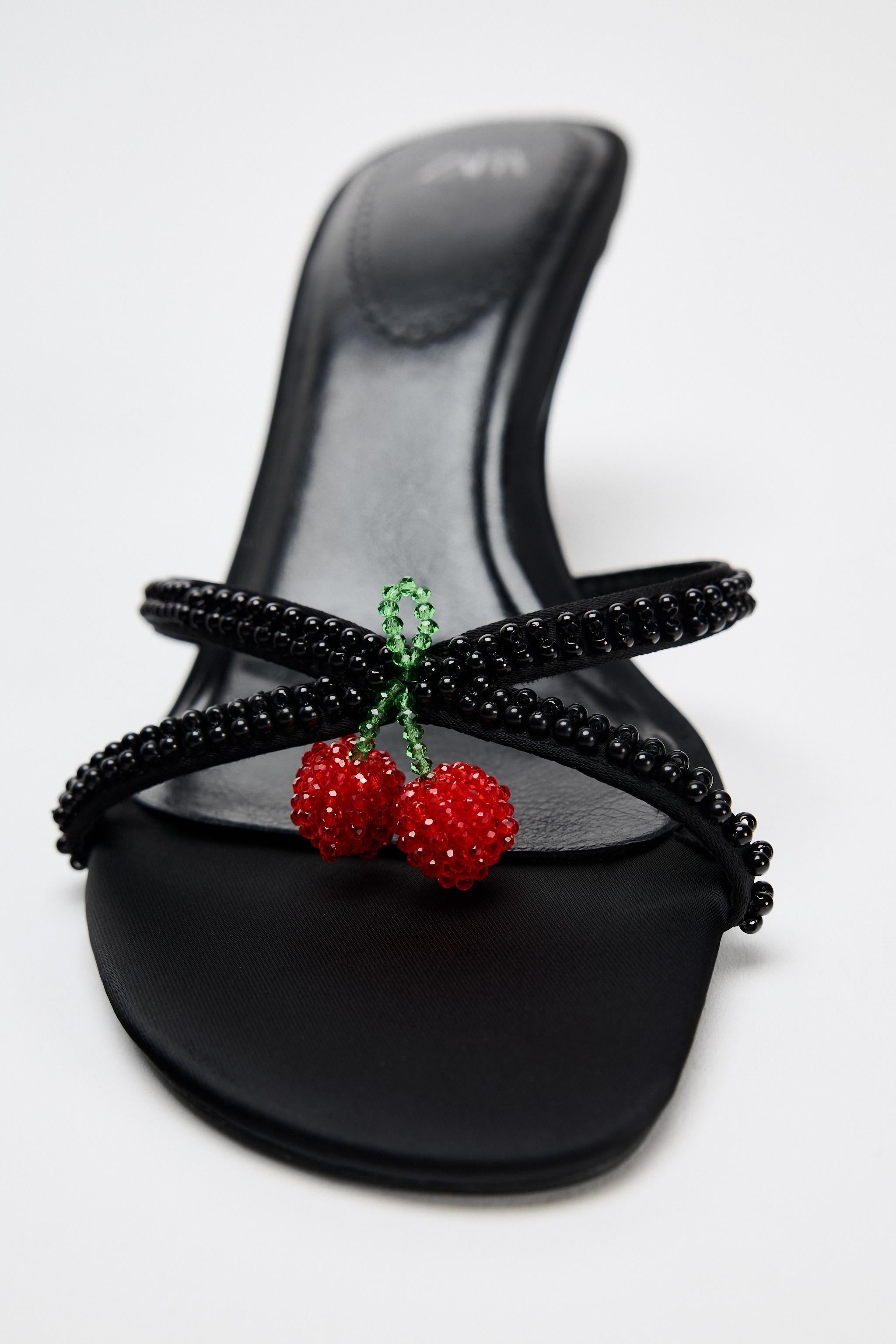 ZARA black beaded heels with cherry, w dust bag