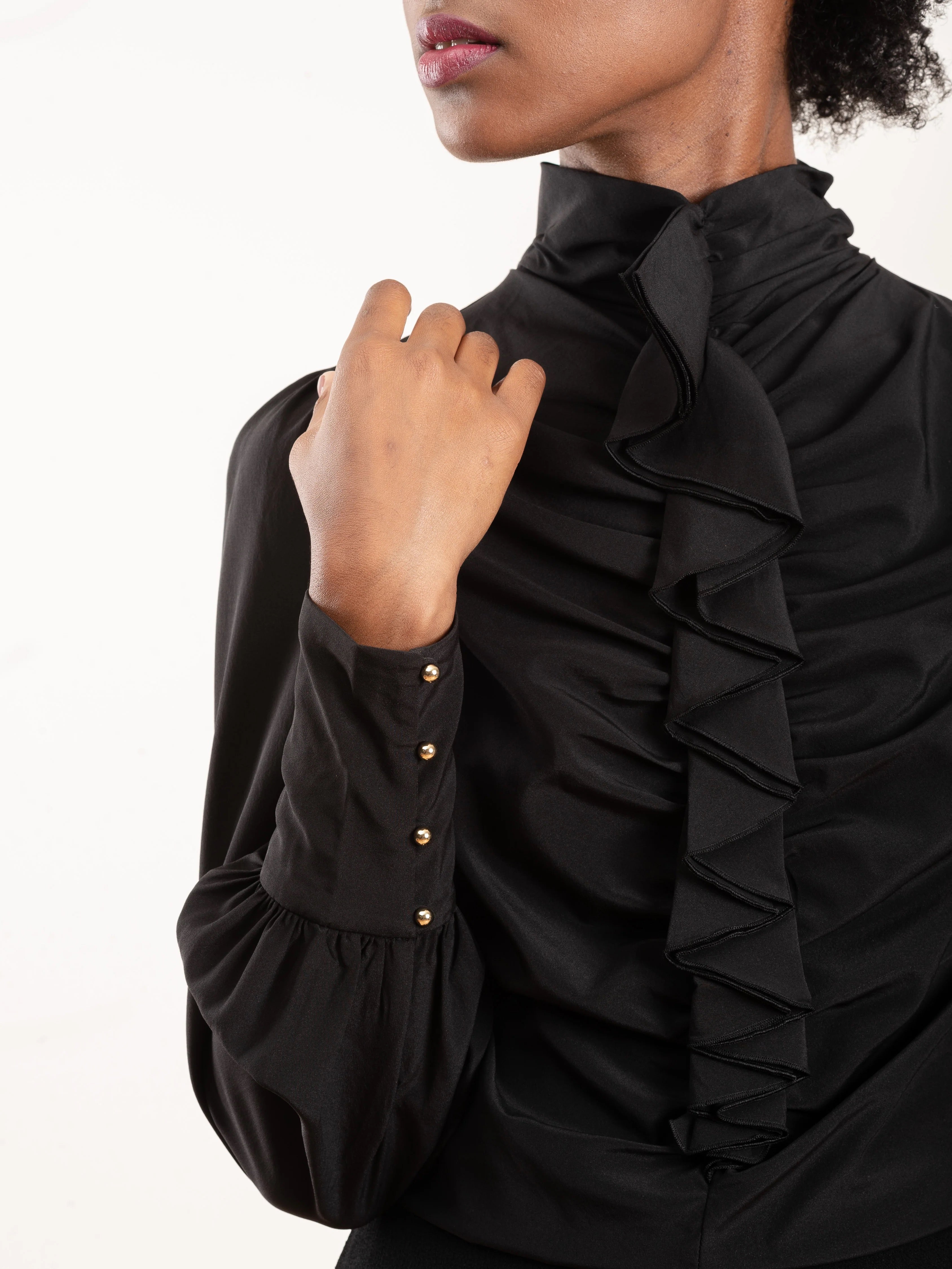 ZIMMERMANN black long sleeve turtleneck blouse, ruffle neck