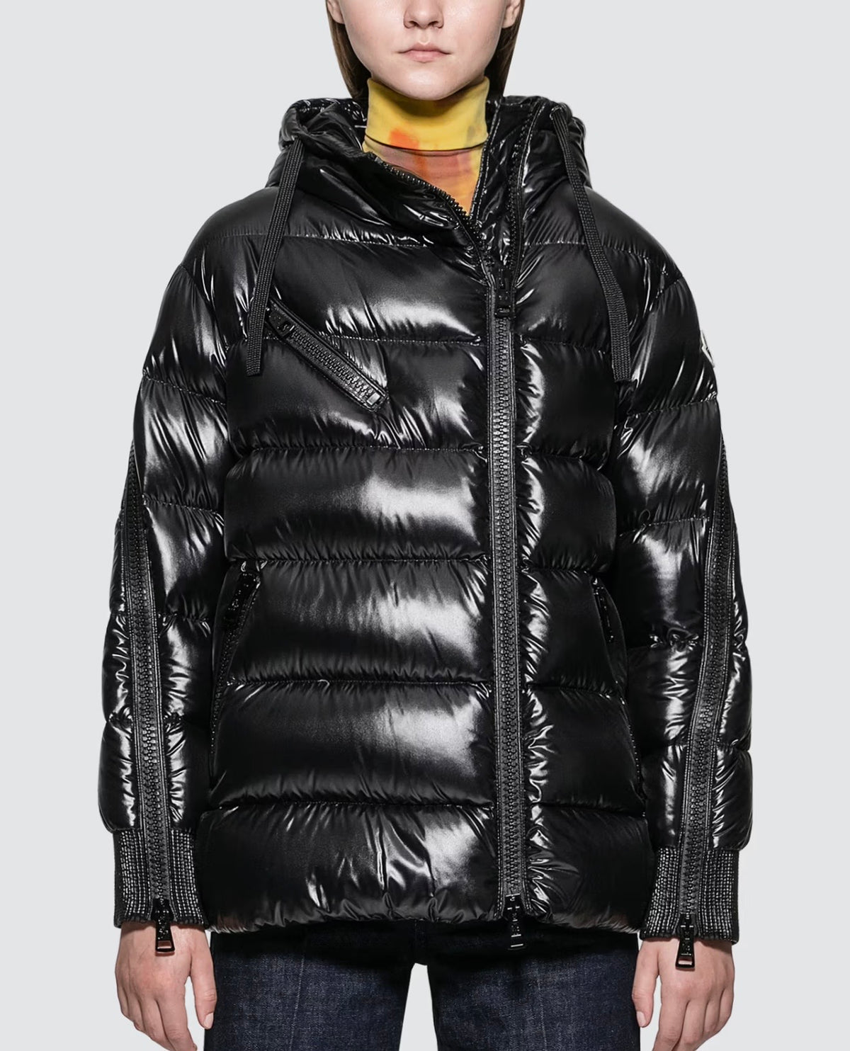 MONCLER BLACK HOODED ARM ZIP PUFFER JACKET