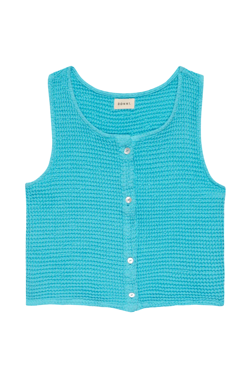 DONNI bright blue waffle texture button up tank top