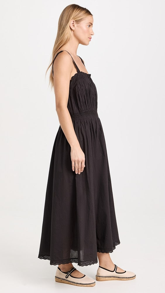 THE GREAT  black/charcoal maxi dress with buttons and eyelet straps