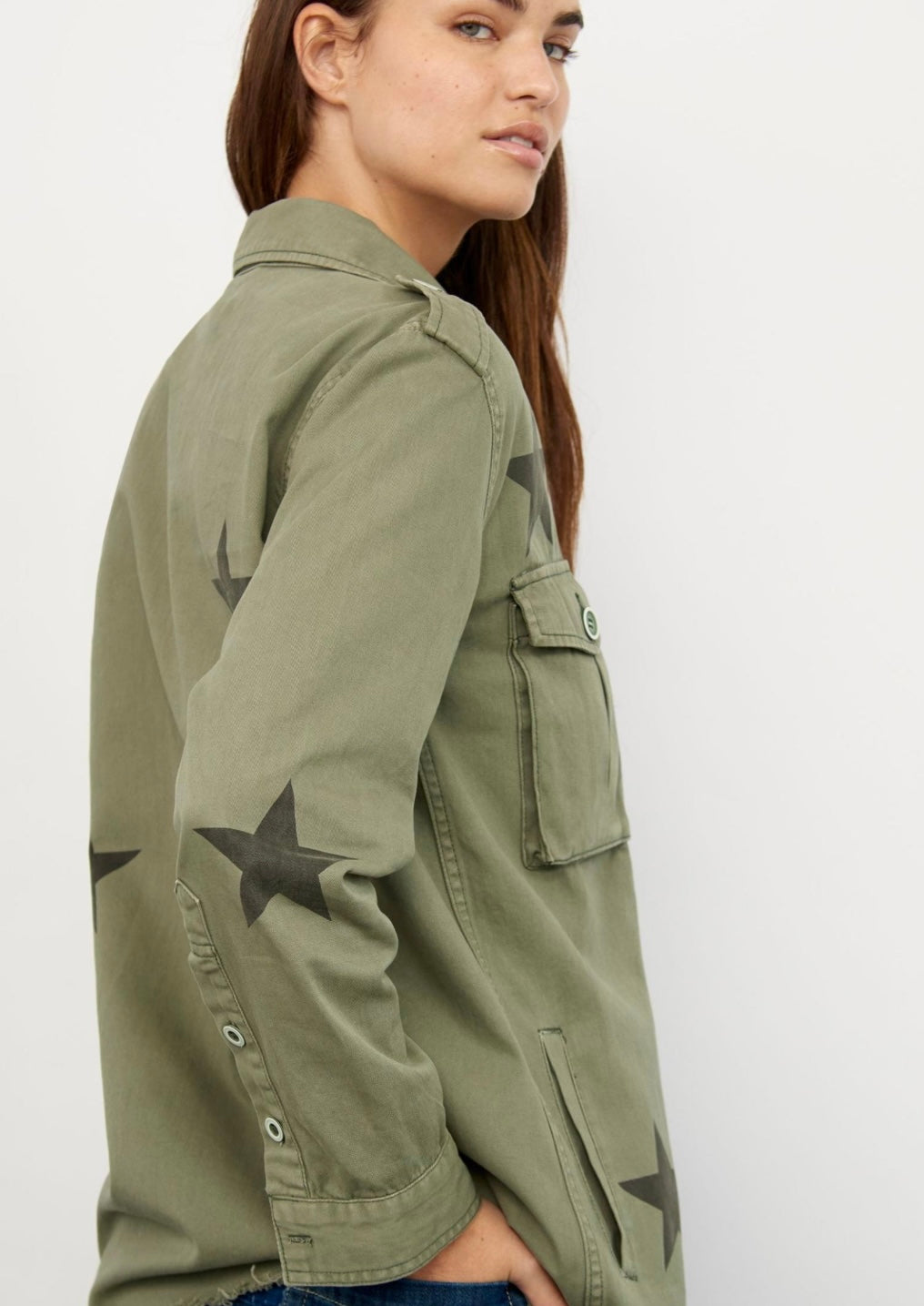 PISTOLA green army button up shirt jacket with black stars