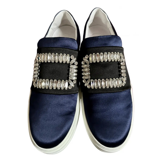 ROGER VIVER navy blue/black satin slip on sneakers with embellishment