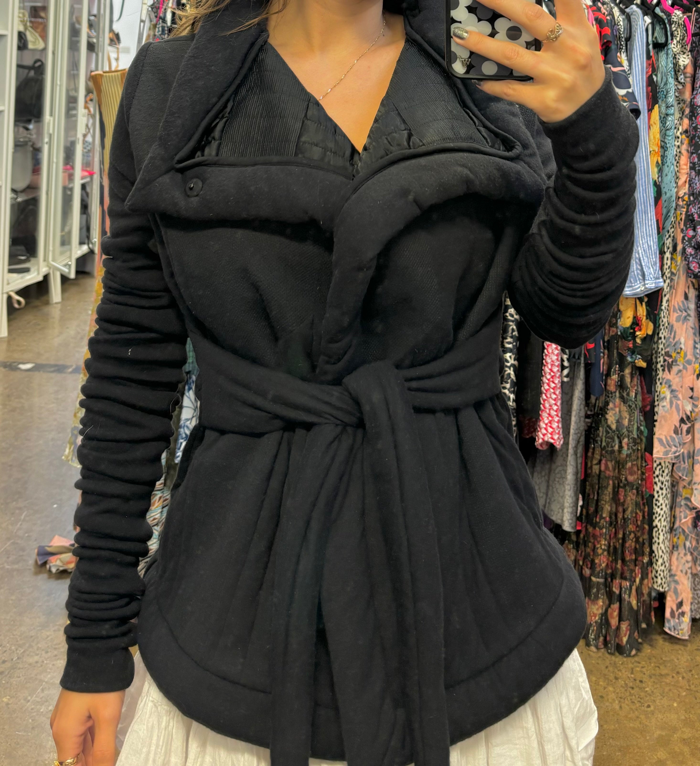 RICK OWENS LILIES black long sleeve sweater/jacket, belt attached, quilted back
