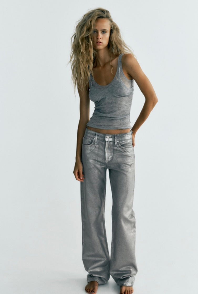 ZARA - METALLIC TRF MID-RISE WIDE LEG JEANS