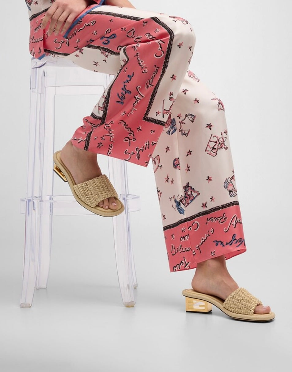 Fendi Raffia Logo-Heel Slide Sandals