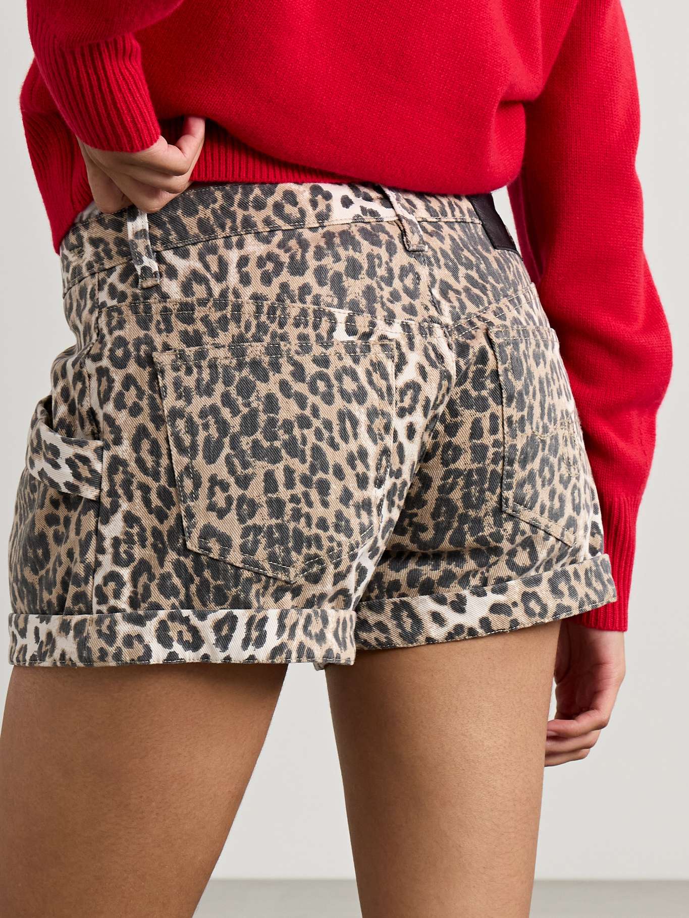 R13 Leopard Print Denim Cargo Shorts
