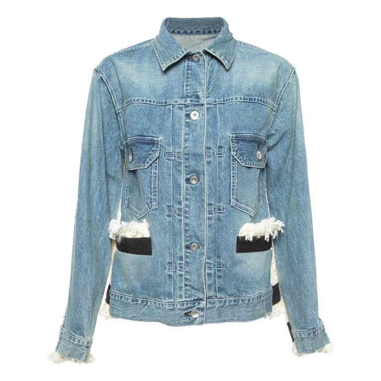 SACAI 5427 blue denim jacket with white tweed panelling and black canvas accents