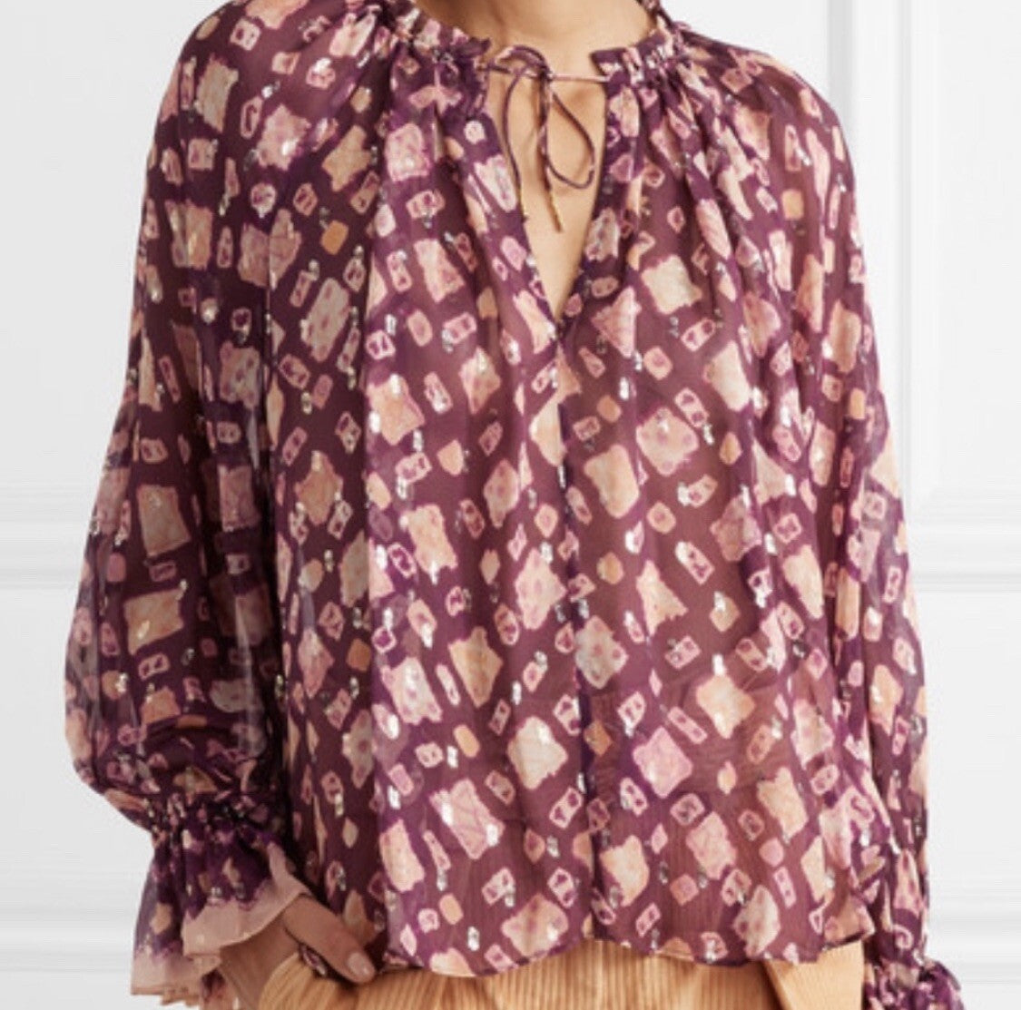 ULLA JOHNSON silk blend blouse, maroon/purple with cream and gold pattern