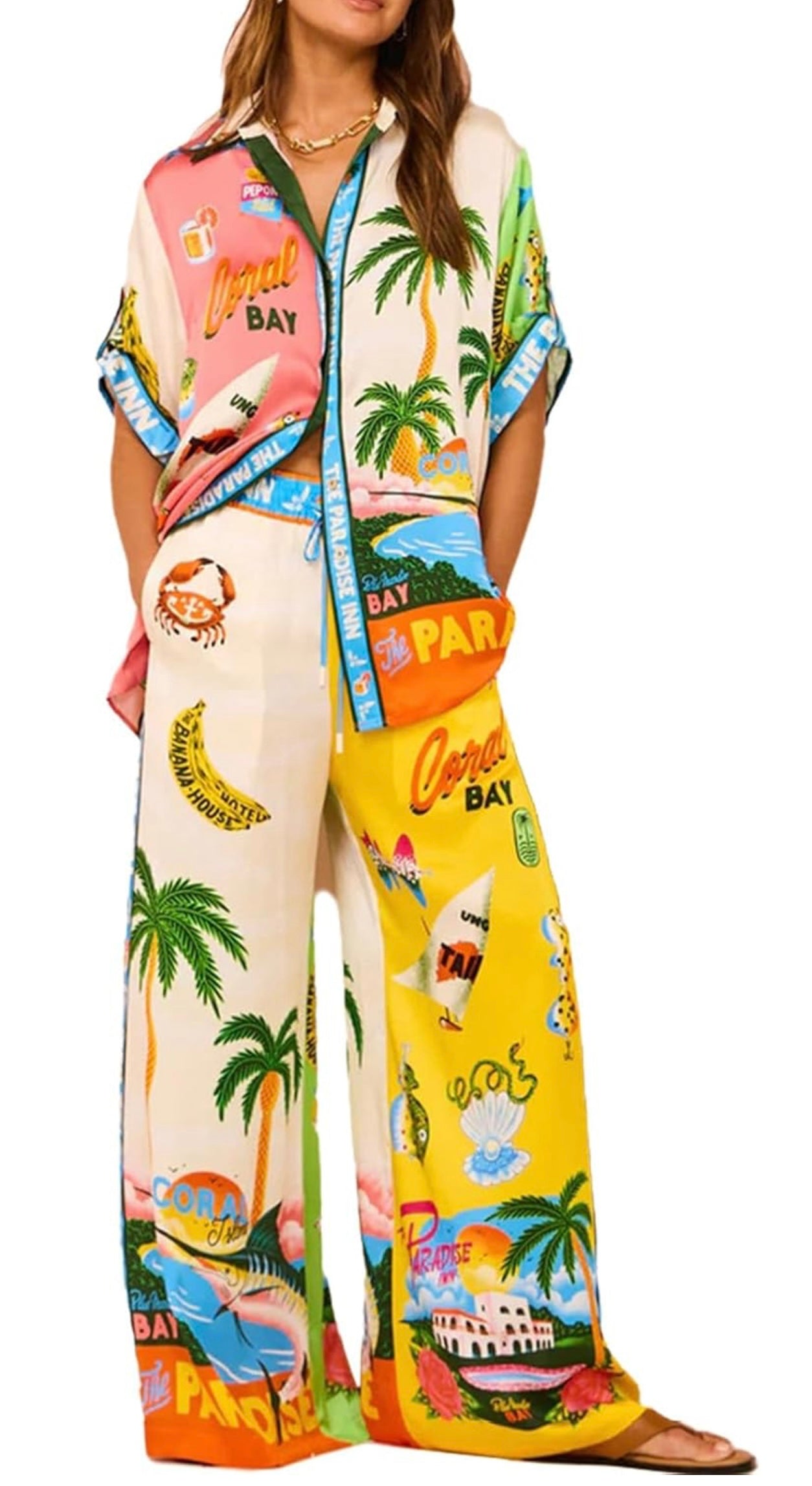 UNKNOWN BRAND Boho Satin Graffiti Print 2 Piece Sets Short Sleeve Pants Matching Sets with Pockets Hawaiian Loungewear