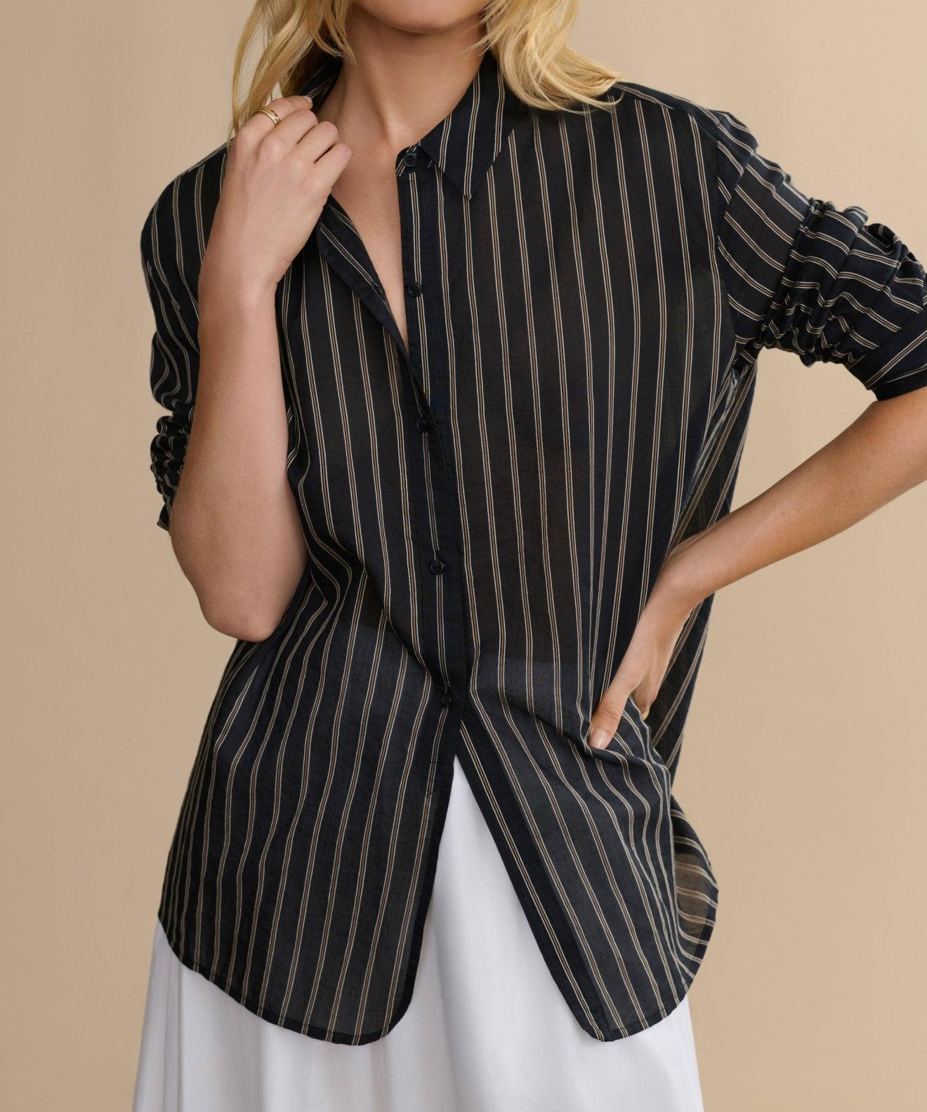 JENNI KAYNE black button up with brown, white stripe (max shirt)