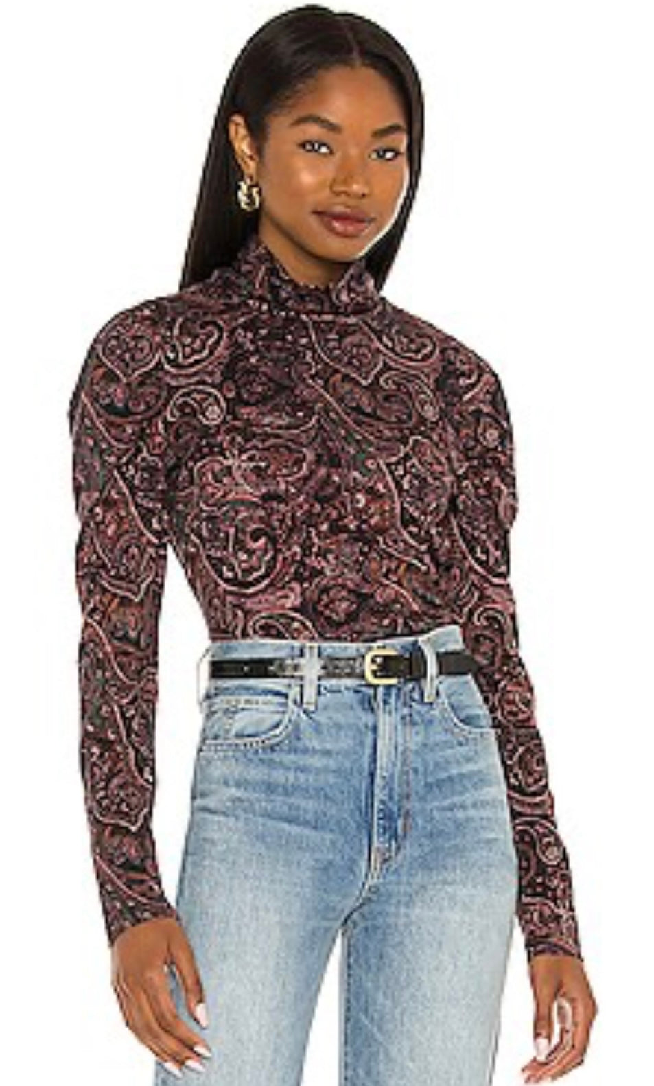 PAM & GELA - Paisley Mock Neck Shirred Top