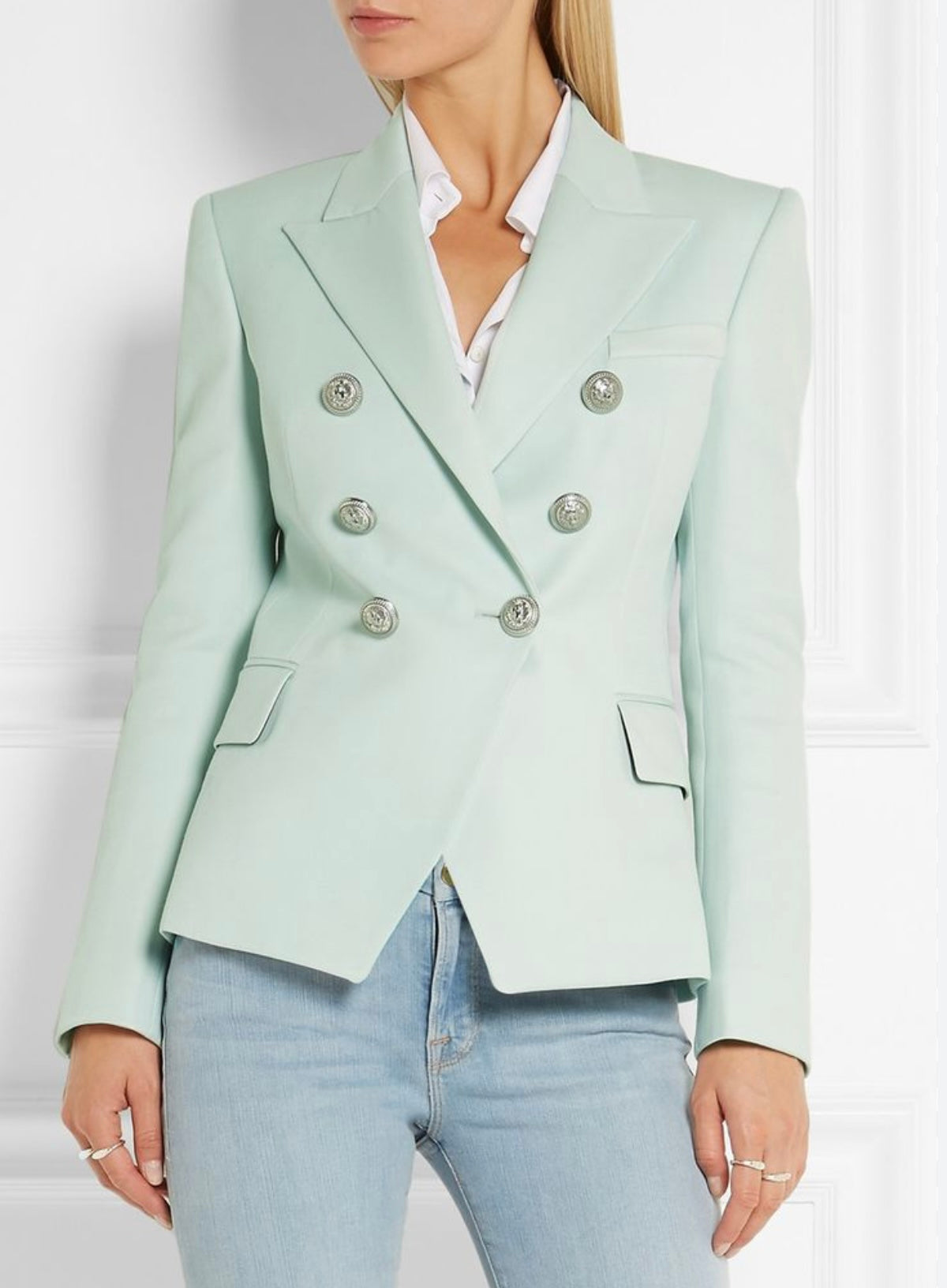 Balmain Mint Green Double-Breasted Blazer