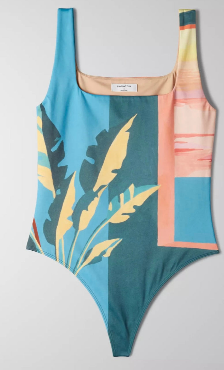 BABATON CONTOUR BODYSUIT, TEAL/SUNSET SPICE