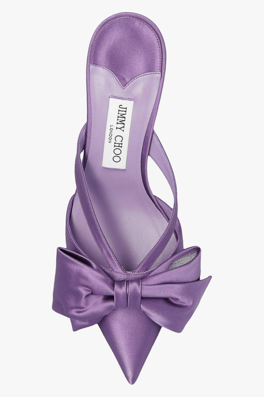 JIMMY CHOO purple satin fabric kitten heels with large bow