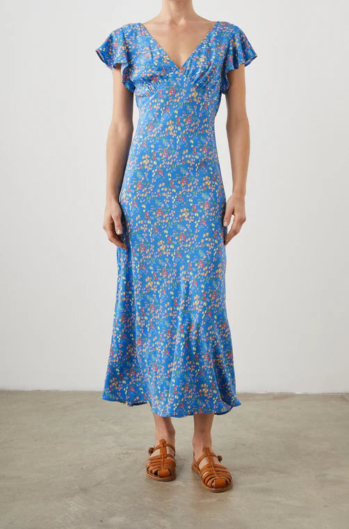 RAILS blue maxi dress with flutter sleeves and fruit print