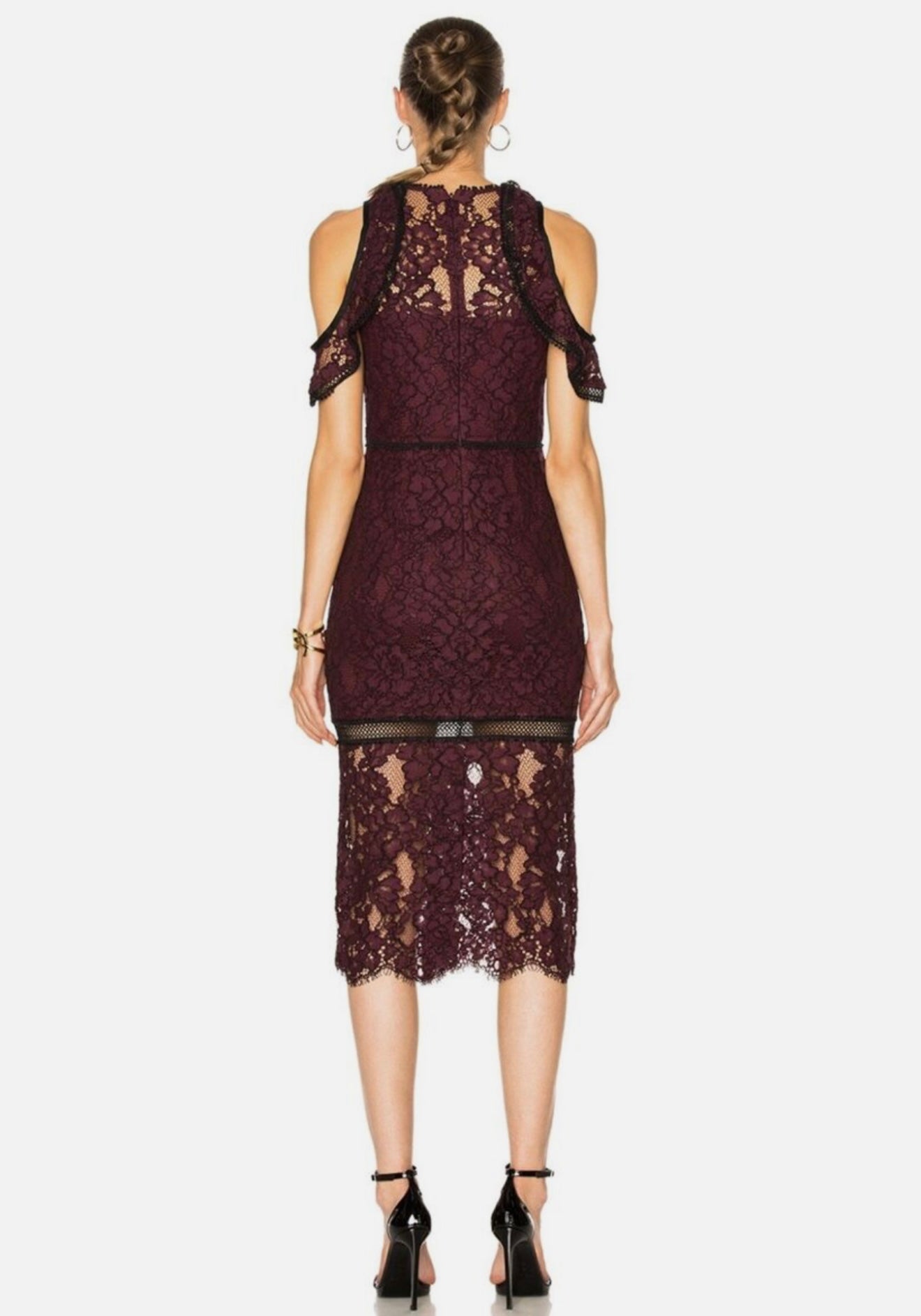 Alexis Evie burgundy cold shoulder lace midi sheath dress