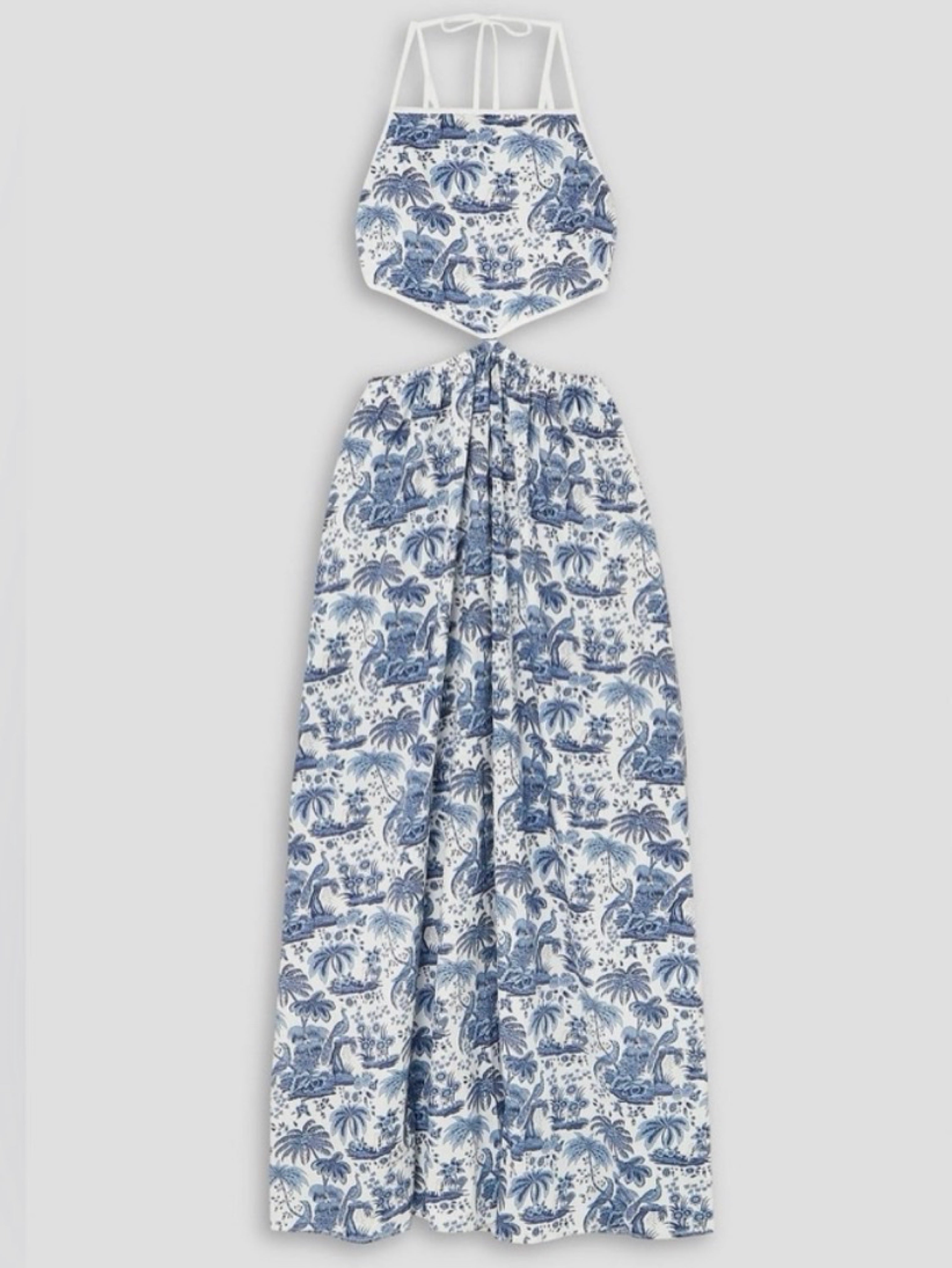 Staud Blue and White Toile Palm Tree Halter Cutout Maxi Dress