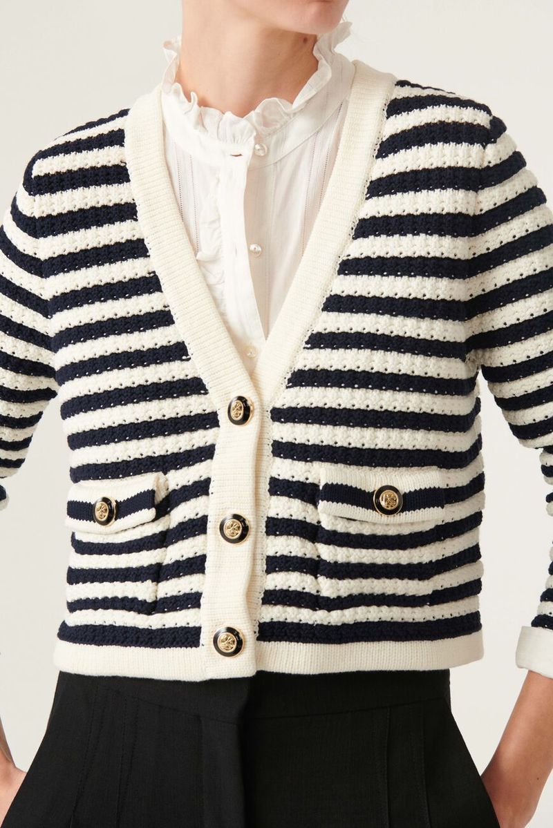 BA&SH navy and ivory cropped knit cardigan w gold and black buttons