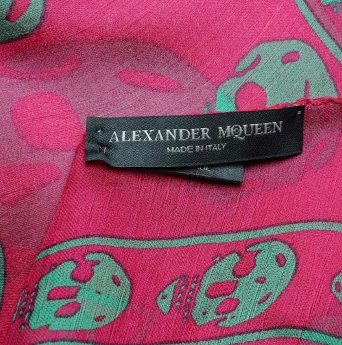 ALEXANDER MCQUEEN 
Silk Chiffon Skull Scarf Pink Green