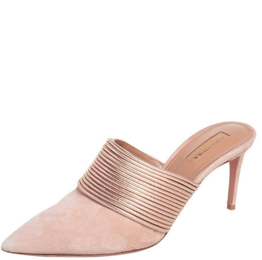 AQUAZZURA 
Rendez Vous 75 Suede And Metallic Leather Mules - Rose Gold